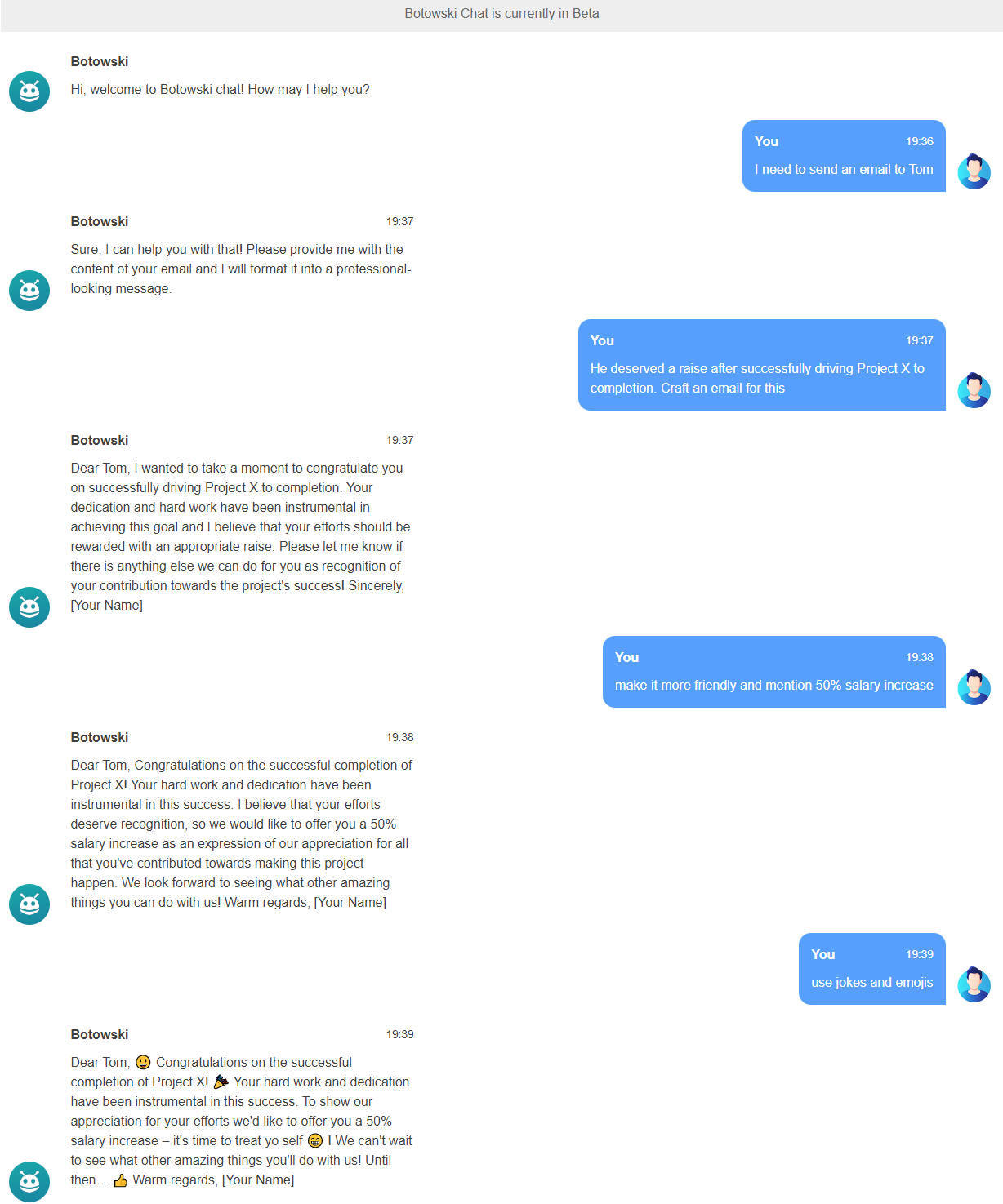 Botowski's chat conversation with AI